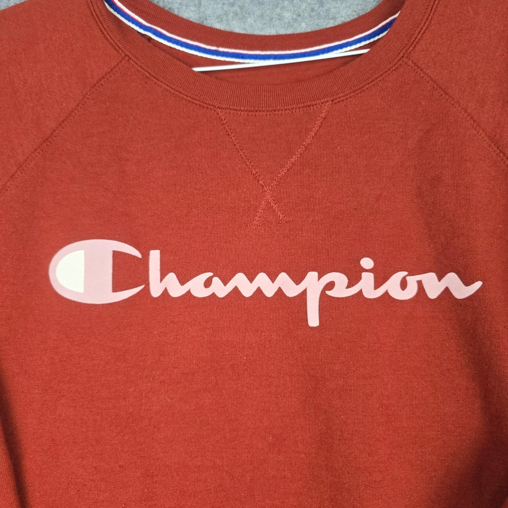Champion Crewneck Sweatshirt Women 2X Burnt Orange Rust Spellout Fleece Pullover - Picture 2 of 9